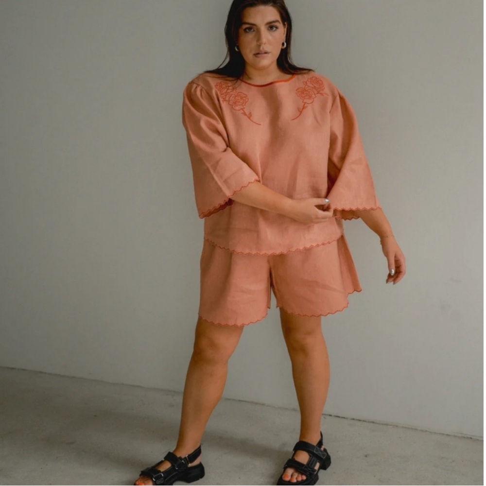 Sonderhaus The West Set Embroidered Floral Linen Short/shirt Set Size L - Picture 2 of 8